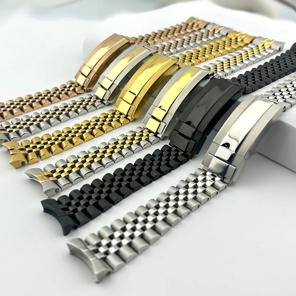 20mm Width 316L Solid Stainless Steel Watch Band Brushed Polished Oyster Bracelet Folding Buckle Glide Lock Clasp Adjustable Str