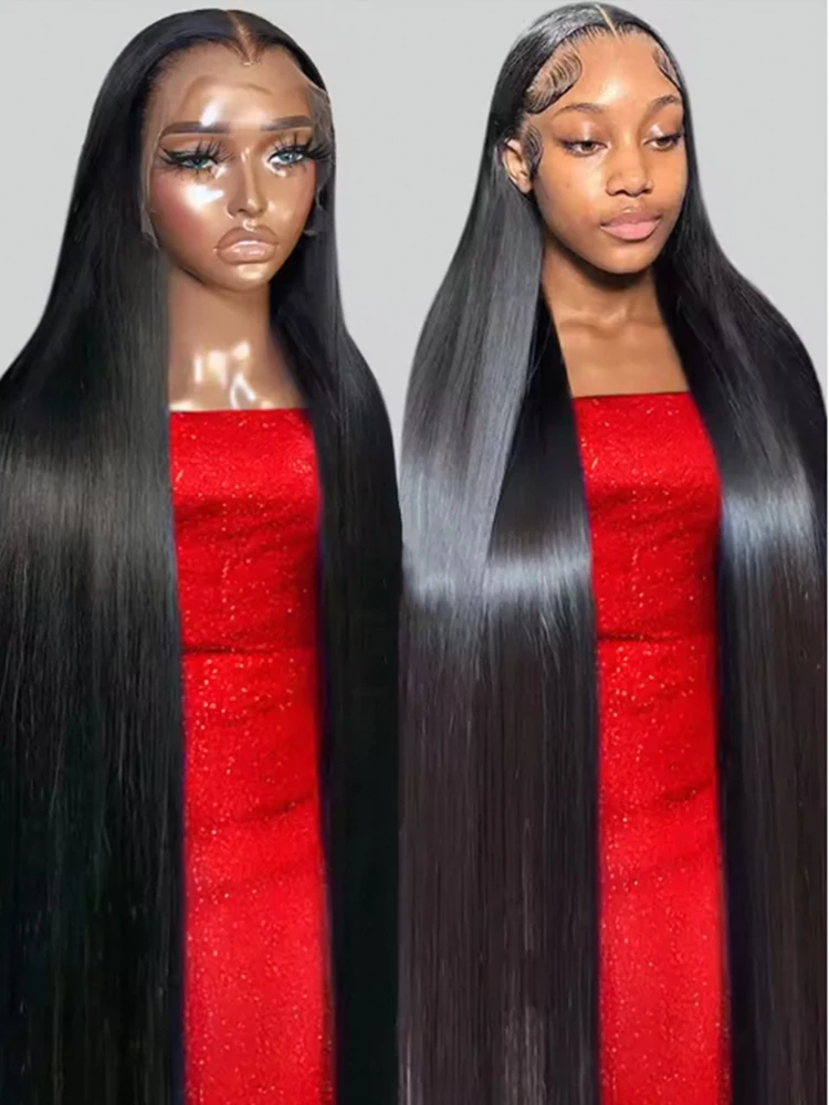 42インチストレートウィッグ、プレプラッキング済みレースフロントウィッグ、200密度HDレースフロントウィッグ、5x5、13x6ストレートブラックウィッグ（女性用レース）