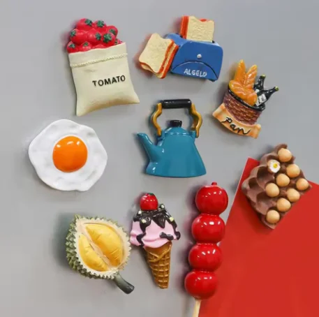 Imán para nevera de comida simulada 3d, huevo frito de dibujos animados, cono de helado Durian, máquina para hacer pan y tomate, taza de café, imán para refrigerador