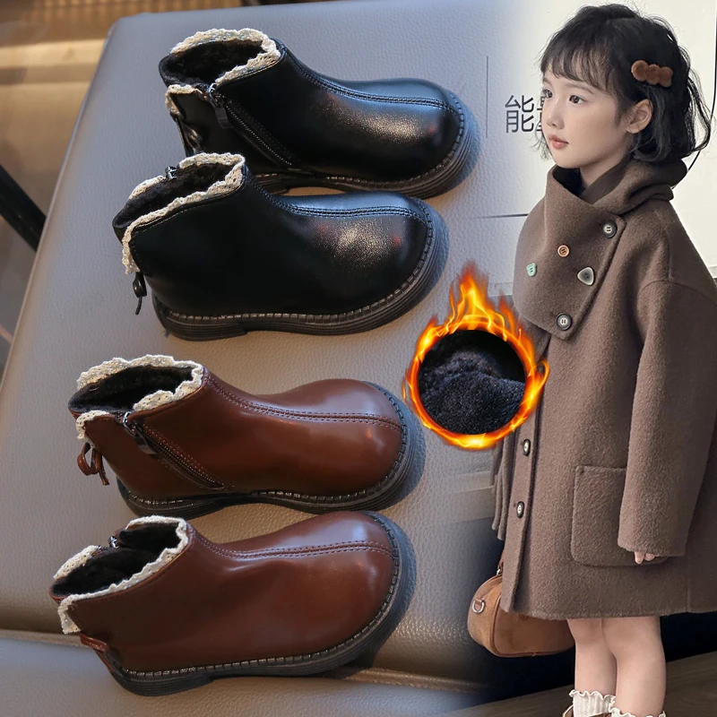 

1-18 Years Old Girls Padded Boots Brown Bow Lace Kids Cotton Shoes Fall Winter Black Soft Non-slip Childrens Short Leather Boots