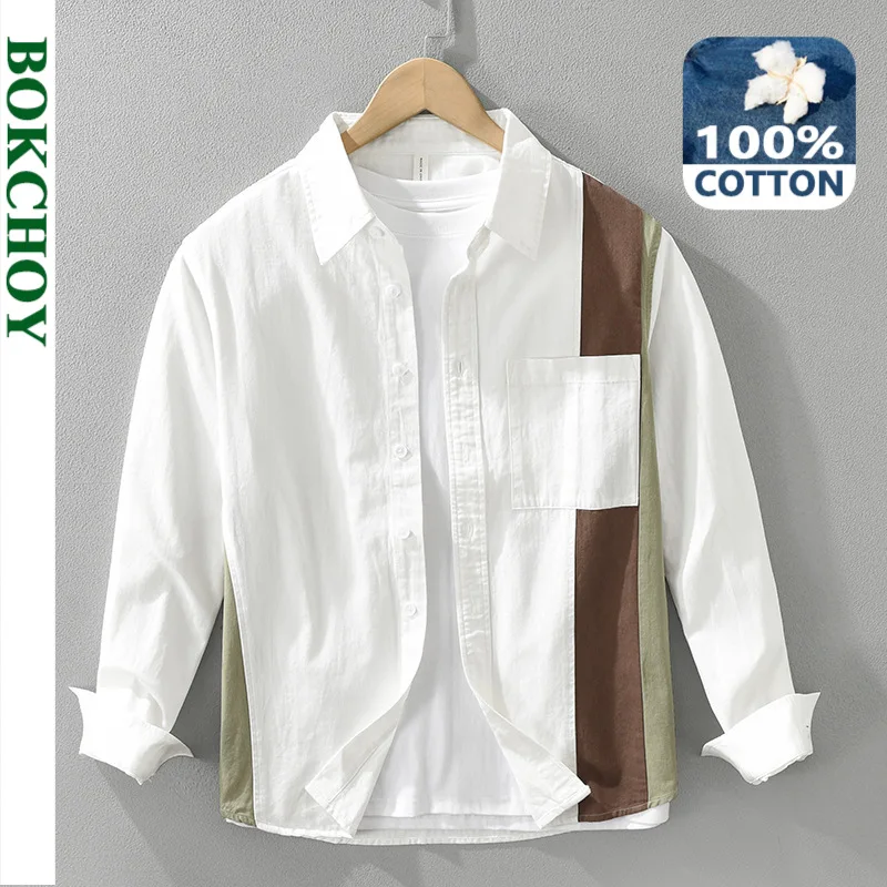 2024 Autumn New Patchwork Color Contrast 100% Cotton Shirts for Men Clothing Simple Soft Long Sleeve Men Shirts CM7332