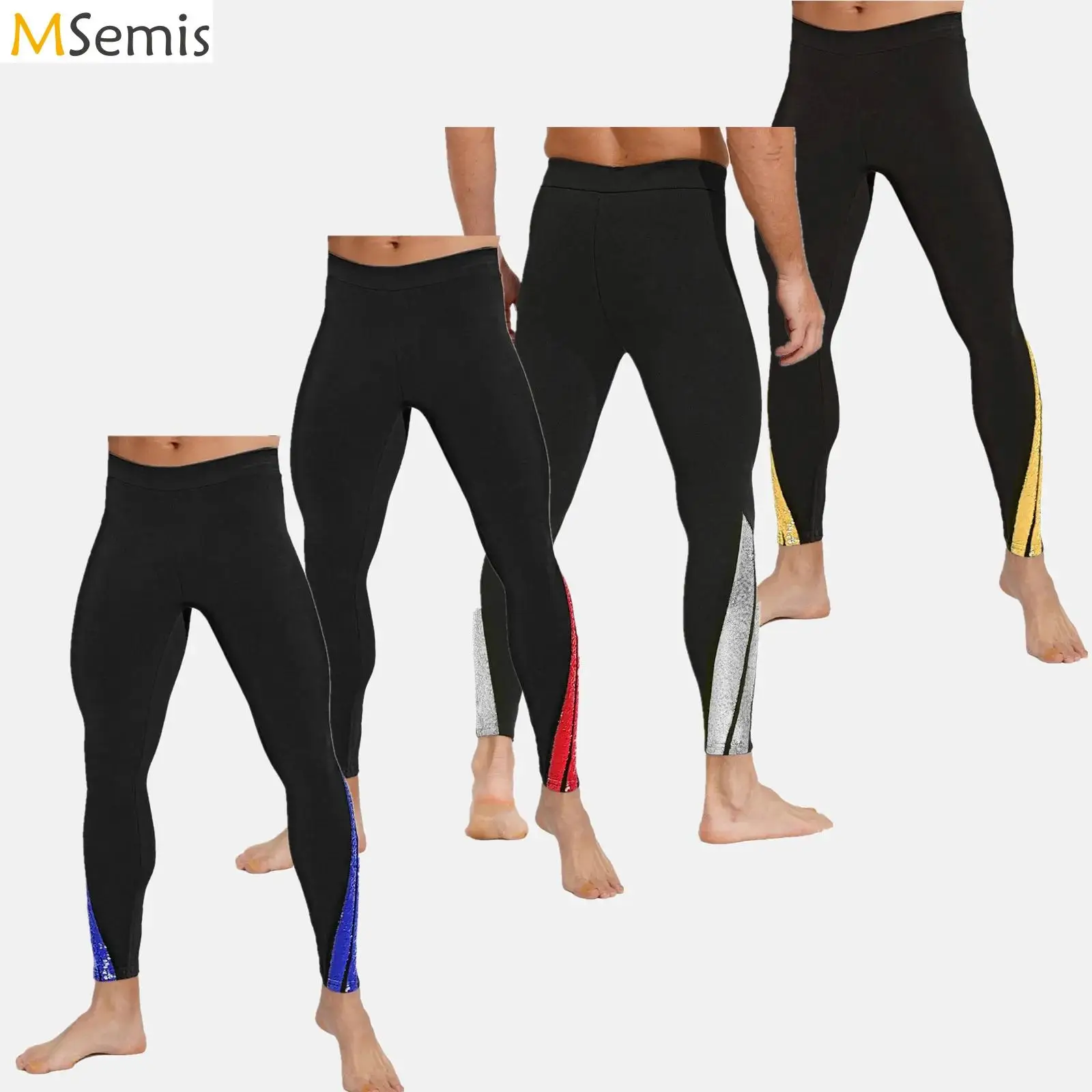 

Mens Ballet Latin Dance Costume Long Pants Shiny Sequins Figure Skating Leggings with Buckled Straps Stirrup Pants Trousers