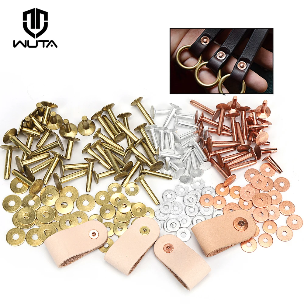 WUTA Zestaw 50/100 solidnych nitów mosiężnych z zadziorami, nity miedziane, nity aluminiowe, nity na stałe, łączniki z ćwiekami, akcesoria do majsterkowania ze skóry do pasków, uzd, kantarów, — 2