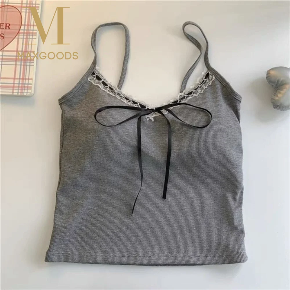Sweet Solid Color Lace Crop Top Waist-cinching Lace Strap Camisole with Pads Sexy Lace Padded Y2k Vest Top Women's Wear