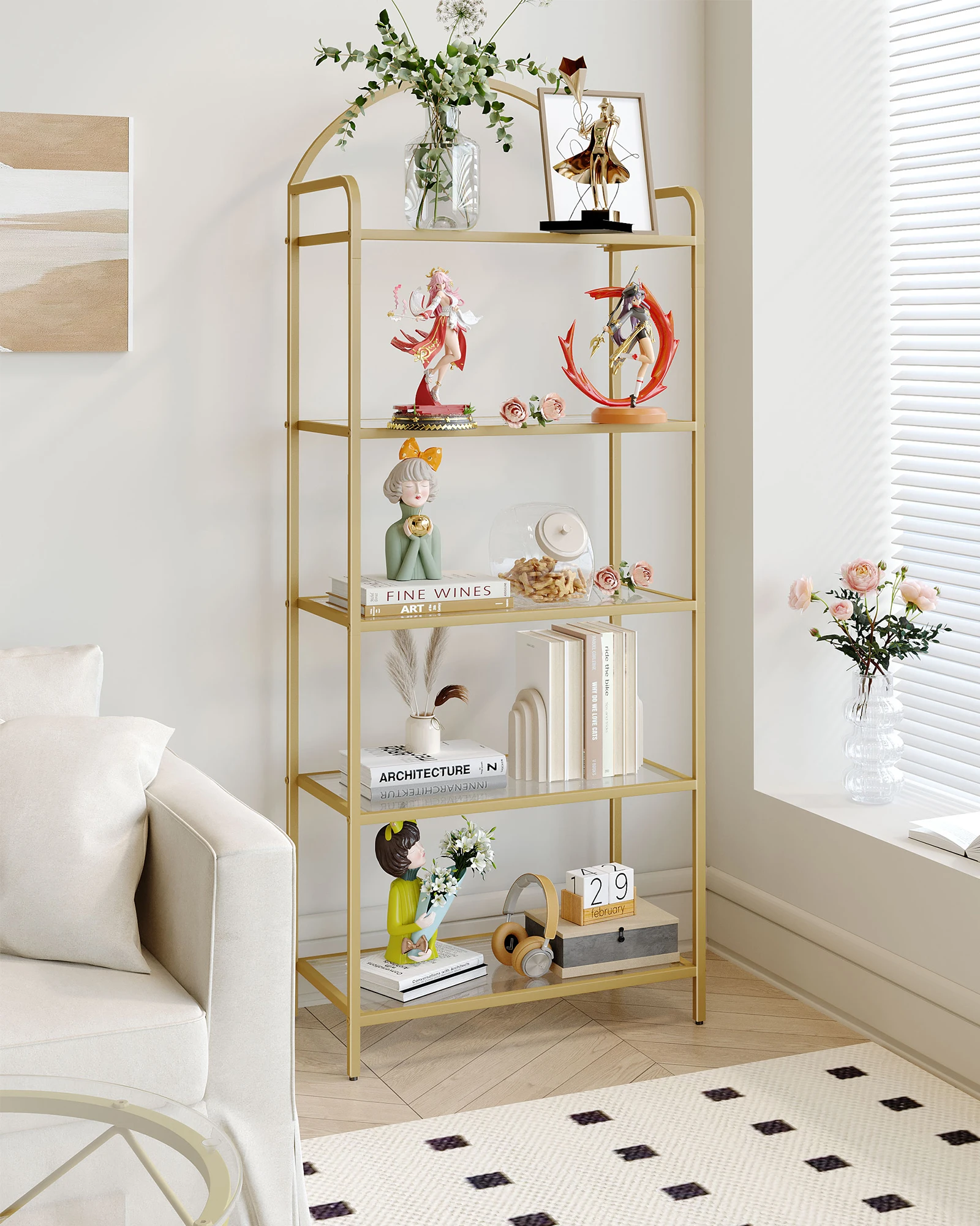 Shelf, Tempered Glass Bookcase, Slim Shelving Unit for Bedroom, Bathroom, Home Office, Steel Frame, 5 Shelves Gold