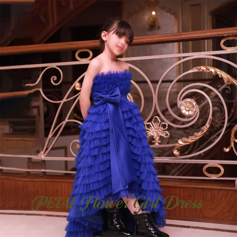 Petal Multi Layer Ruffled Flower Girl Dress Strapless Kids Birthday Party Dress Royal Blue Tutu Fluffy Prom Gown Customized