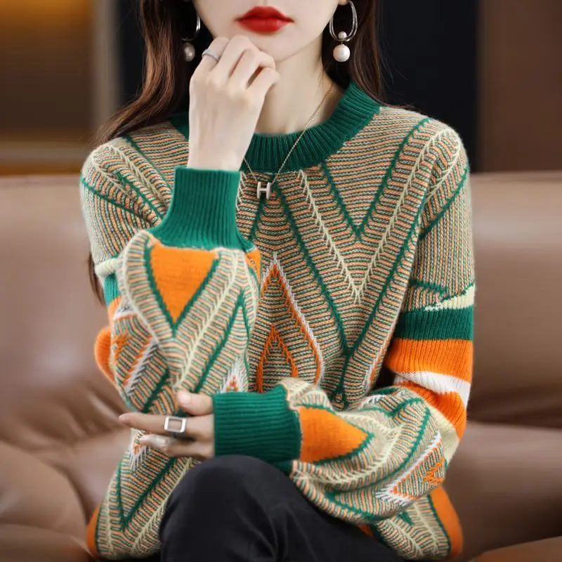 2022 New Autumn Winter Thick O-Neck Sweater Bohemian Style Lantern Sleeve Multicolor Spliced Knitting Pullovers Women's Clothing