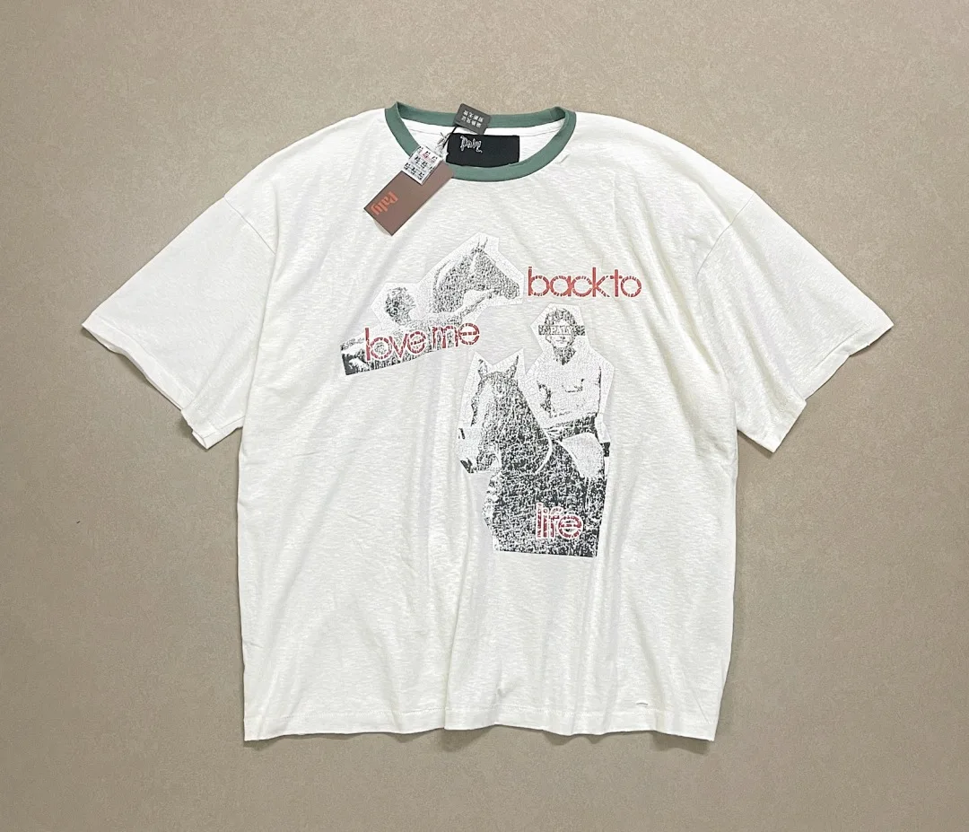 26SS Fashion Brand Vintage Western Horse Rider Print Paly Distressed T-shirt Unisex Loose Oversized Retro Streetwear Tee