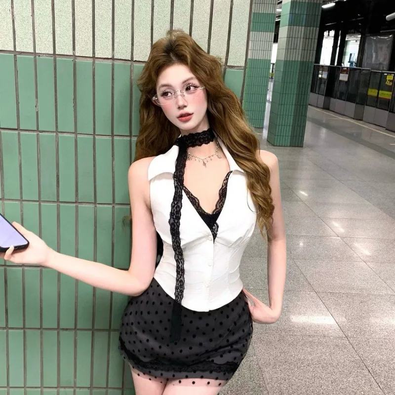 

Hot Girl Suit Women's Summer Turn-down Collar Slim Fit Lace Sleeveless Shirt High Waist Mini Skirt Two-piece Set Female Clothes