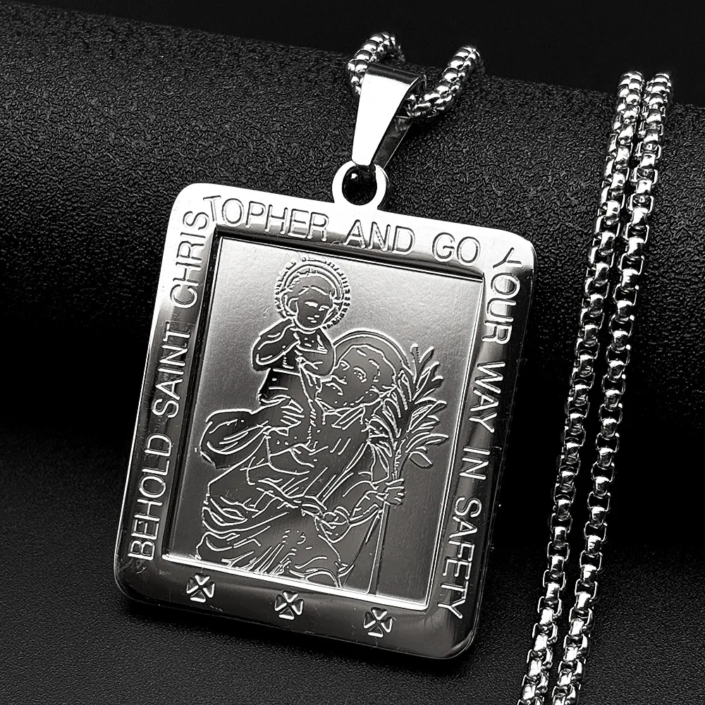 New style personalized stainless steel Saint Christopher square pendant necklace - versatile and high-end sweater chain for both