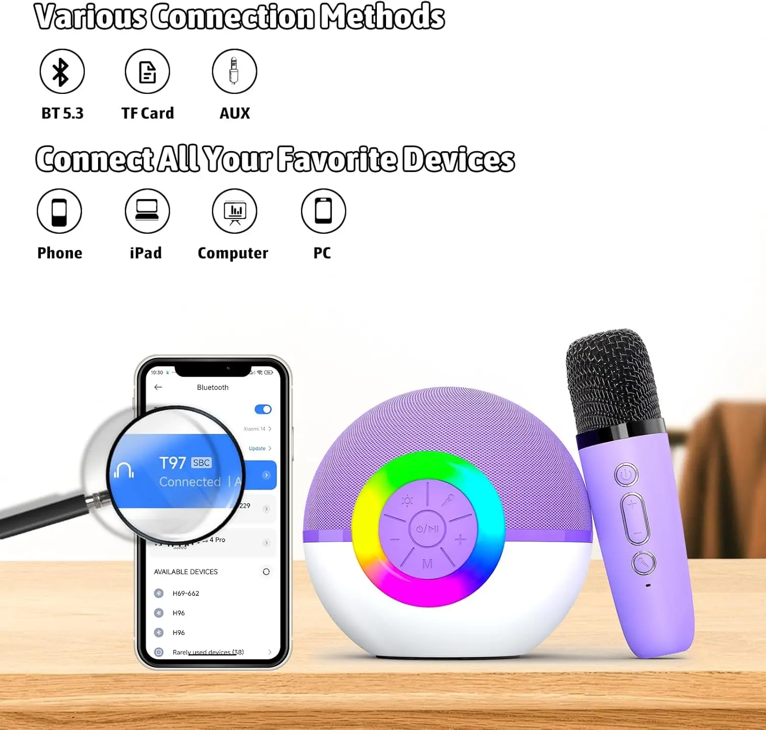 Mini-Karaoke-Maschine mit 2 Mikrofonen, hervorragender Klangqualität und LED-Licht für Party-Aktivitäten und Zusammenkünfte