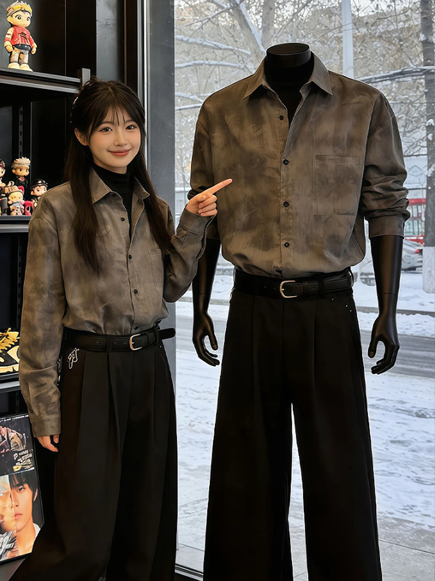 

Ретро-американский комплект: окрашенная рубашка с длинным рукавом и стильные мужские брюки-сигареты из полиэстера для зимнего сезона, CleanFit