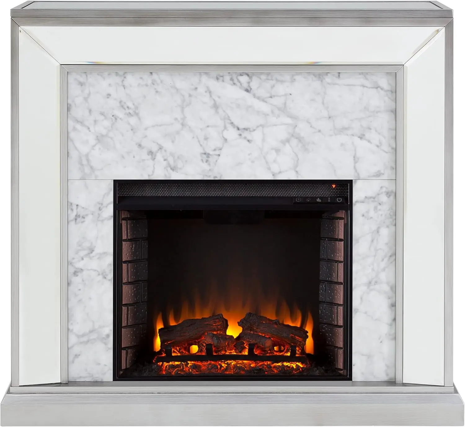 Trandling Mirrored & Faux Electric Fireplace, Antique Silver/White Marble