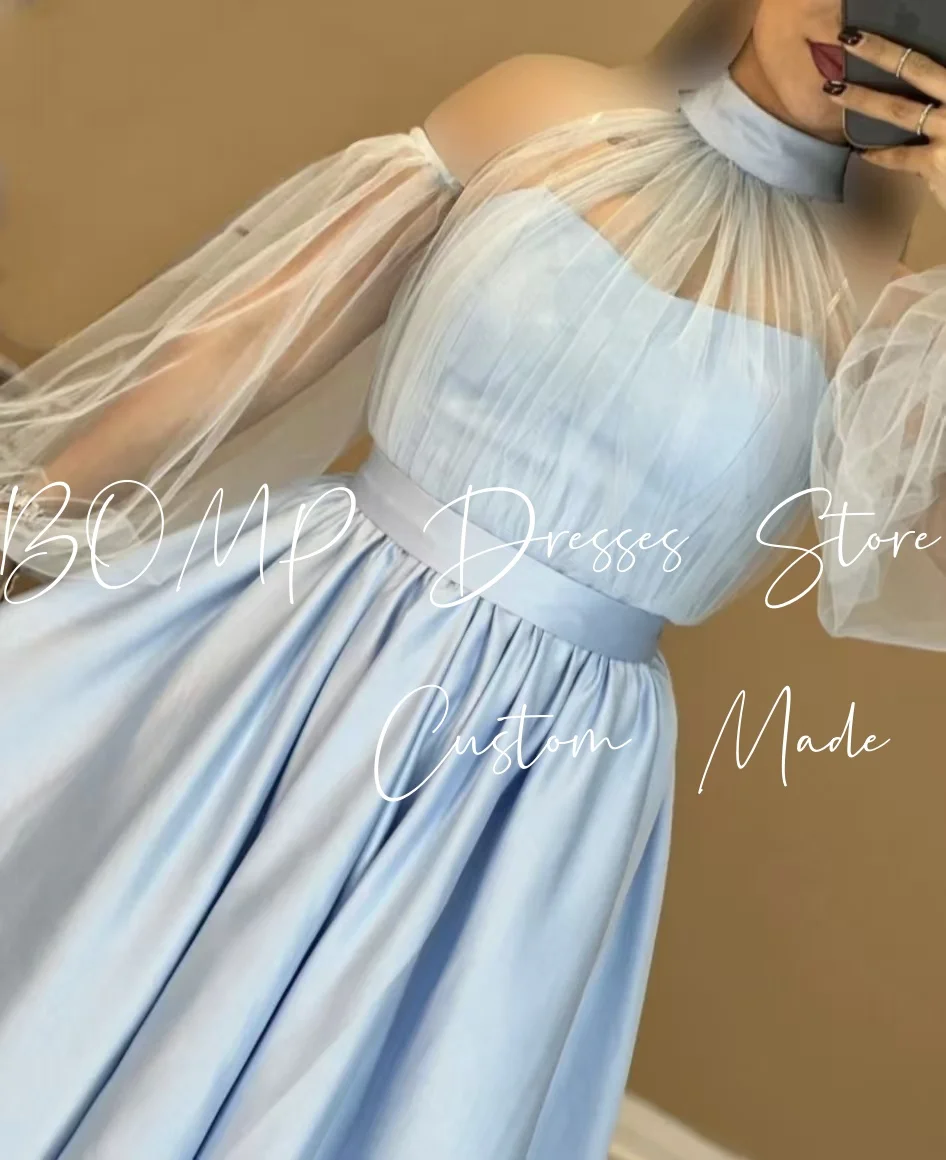 Elegancka niebieska suknia ślubna BOMP, wysoki dekolt, iluzja, pełne rękawy, drapowana, długa do podłogi, satynowa suknia wieczorowa dla panny młodej, szyta na miarę.