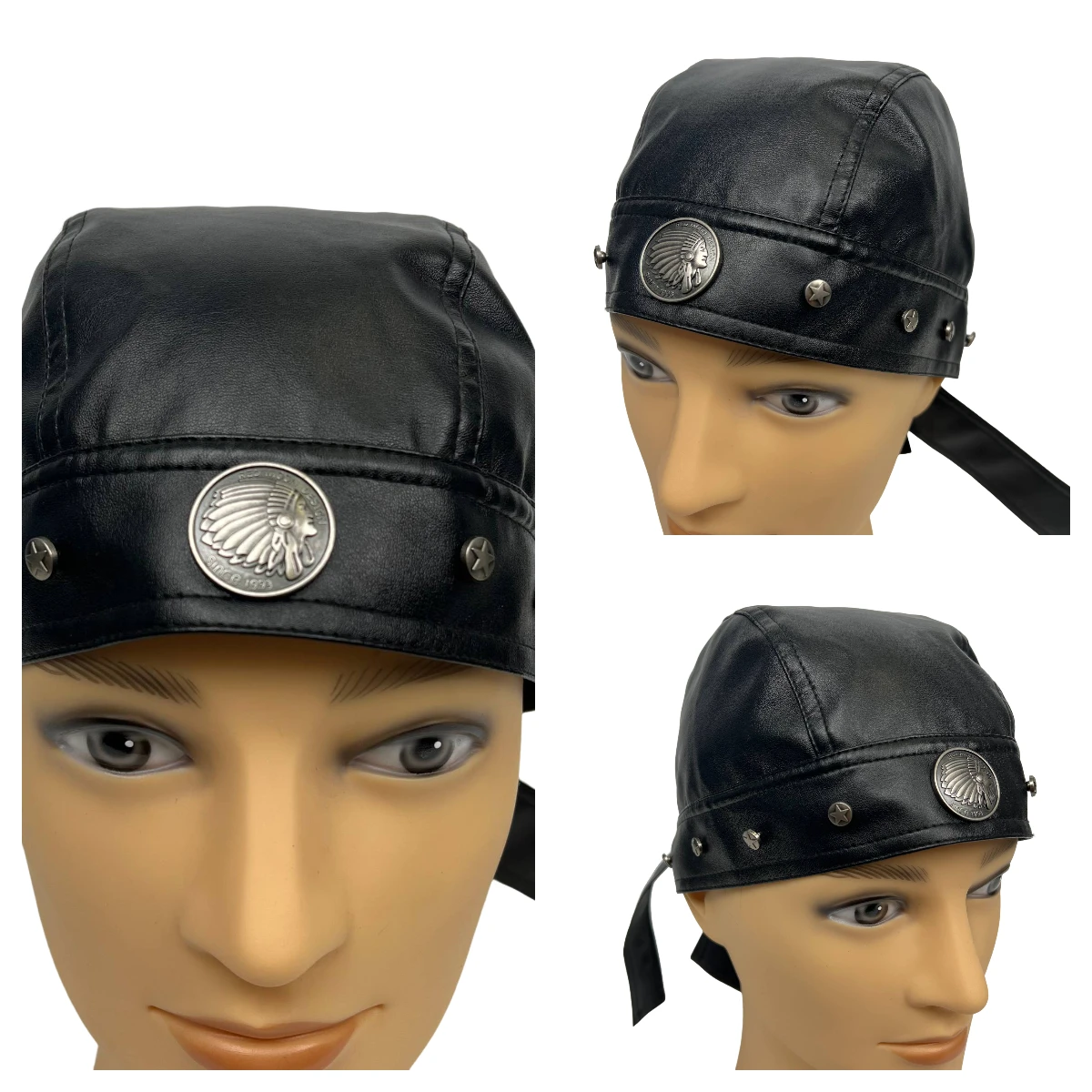 Capacete de motocicleta bandana de caveira de couro preto – presente fedorado de Halloween para cosplay de motociclista urbano