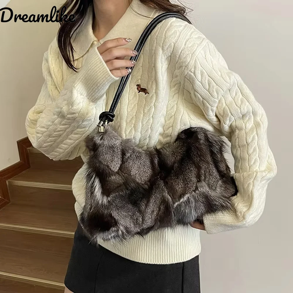 

Winter Fox Fur Bag Fashion Handbag Large Capacity Ladies Bags Purses Women Shoulder Bag Real Silver Fox Fur Messenger Bags