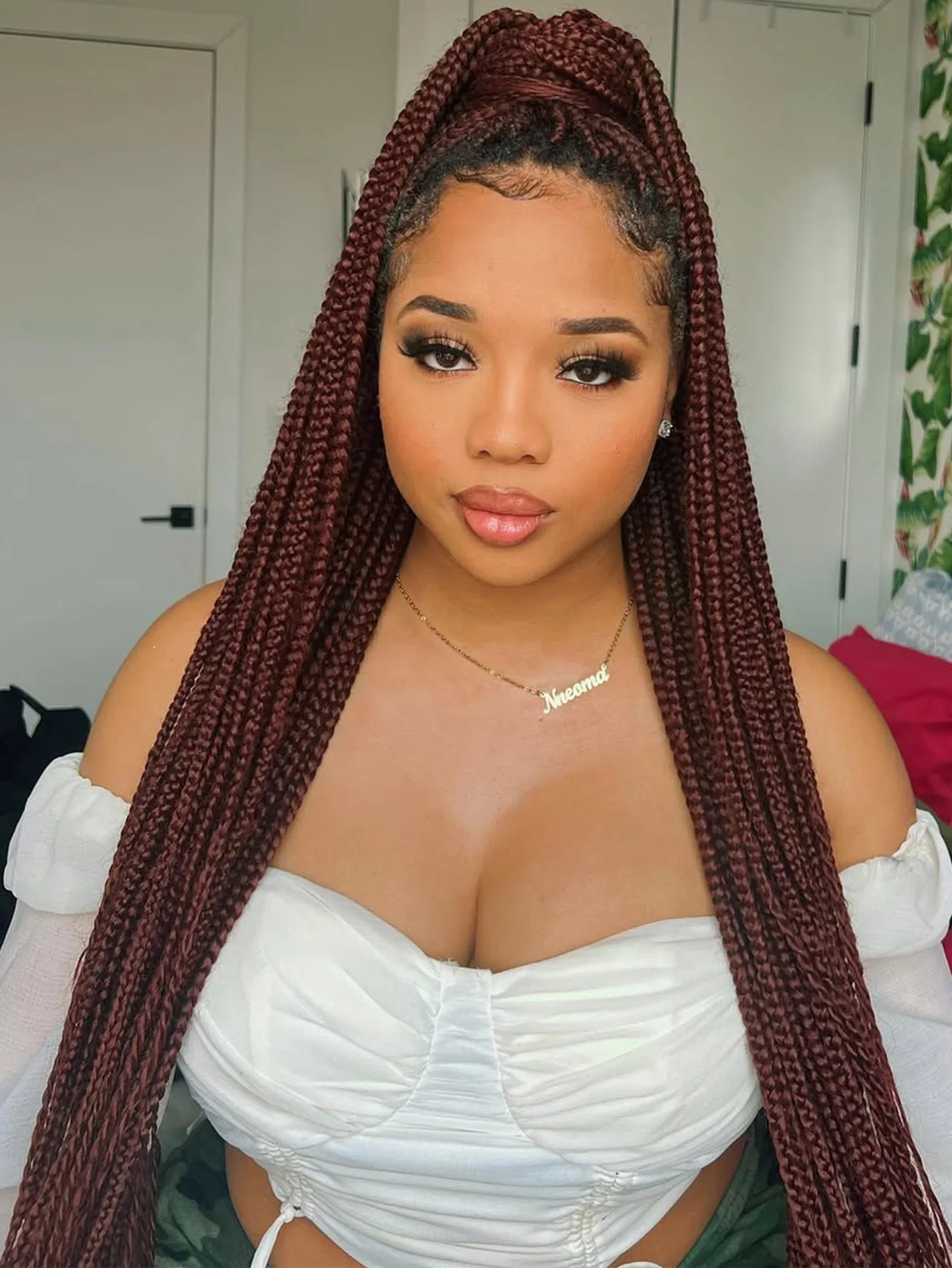 Synthetic Small Square Cornrows Braided Wigs Full Lace Knotless Box Braids Wig For Black WomenRed Burgundy Goddess Braiding Wig