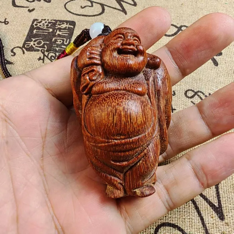 Hand-Carved Agarwood Maitreya Buddha Pendant - Pocket Buddha Statue Wood Carving Figurine for Home Decor, Plaything (No Size)