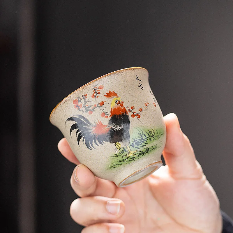 1 Pc Chinese Zodiac Rooster Ceramic Tea Cup Handmade Vintage Pottery Tea Bowl Teaware Master Teacup Personal Meditation Cup