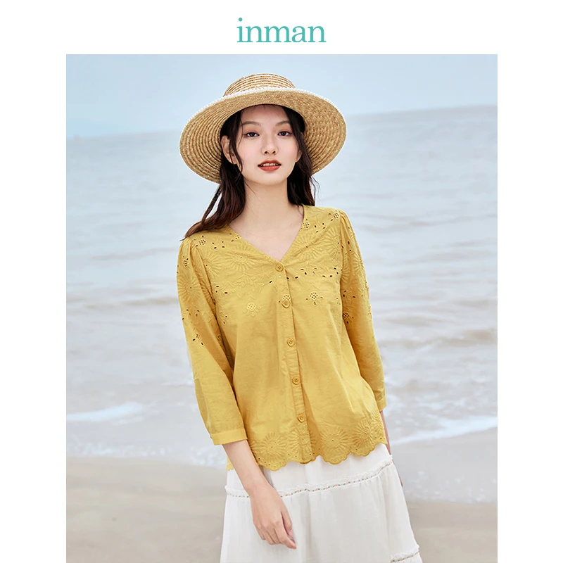 INMAN Summer Women's Blouse Elegant Retro Yellow Or White Cotton V-Neck Hollow Embroidered Lace Hem Button Cardigan Female Shirt