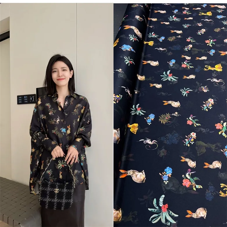 

Ранневесенняя шелковая ткань с узором «Кролик и цветы» Bla Bot, эластичный шелковый материал с мультяшным аниме-принтом