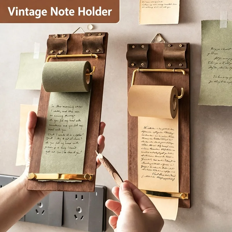 Vintage Wall‑Mounted Note Roll Holder Wooden Memo Board Blank Paper Roll Message Notepad Home Office Decor