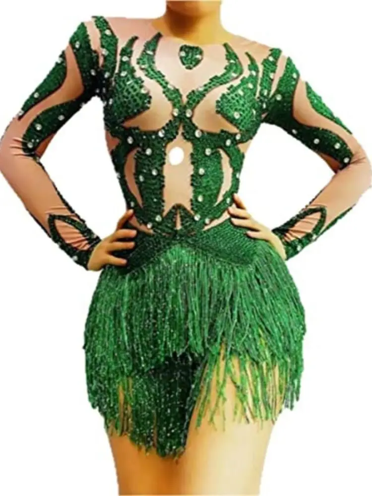 

Green Rhinestone Fringe Spandex Bodysuit Long Sleeves Dancer Singer Show Wear, One Size