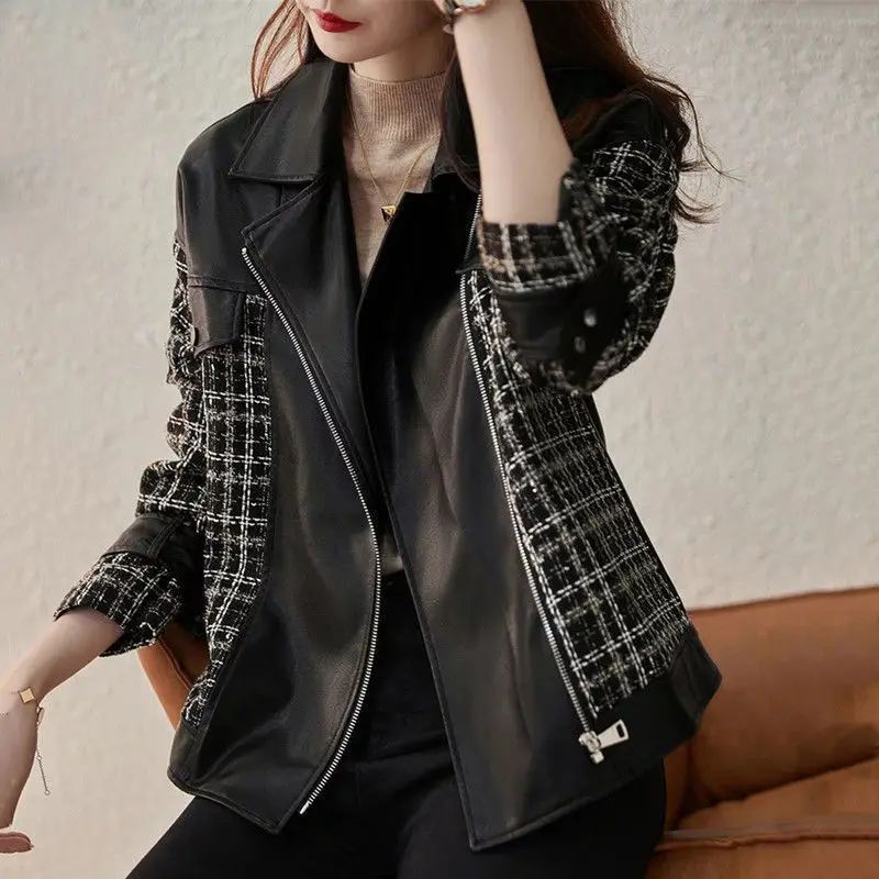 Women Motorcycle Leather Coat Spring Autumn New Casual Patchwork Leather Jacket Winter Ladies Korean Elegant Short PU Jackets