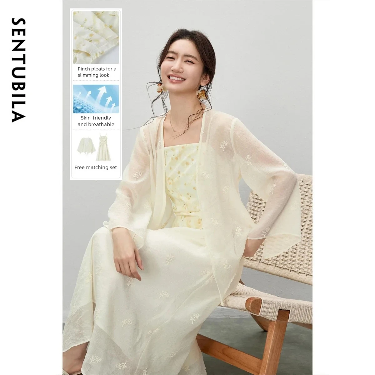 SENTUBILA Sommeranzug für Damen im chinesischen Stil, gesmoktes Cami-Kleid, gerafftes Oberteil, zweiteiliges Set, Damen-Outfits, Damenbekleidung W62ZJ6860