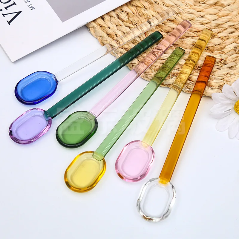 Long handled Scoop Glass Spoon Dessert Spoon Teaspoon high Borosilicate  Spoon Coffee Tableware Gift Tea Spoons for Ice Cream