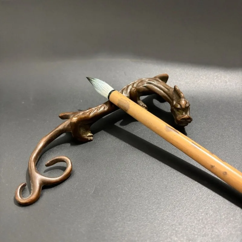 Vintage Dragon Brush Rest Chinese Calligraphy Writing Brush Holder, Chi Dragon Metal Pen Rack Oriental Study Desk Decor Craft