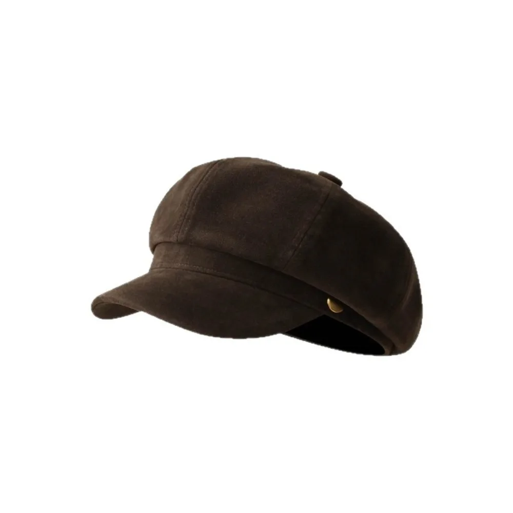 Octagonal Newsboy Cap Leather Belt Decor British Style Octagonal Beret Hat Short Brim Adjustable Strap Suede Cap Autumn Winter