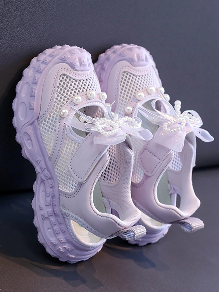 Doux perle nœud papillon décoration baskets fille 2025 automne respirant maille évider chaussures de sport doux fond épais chaussures de course