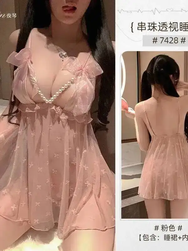 섹시하고 우아한 하이엔드 펄 메쉬 시스루 유혹적인 캐미솔 로브 V넥 스윗 핫 섹시 여성 미니 드레스 탑 2025 신상 D5U