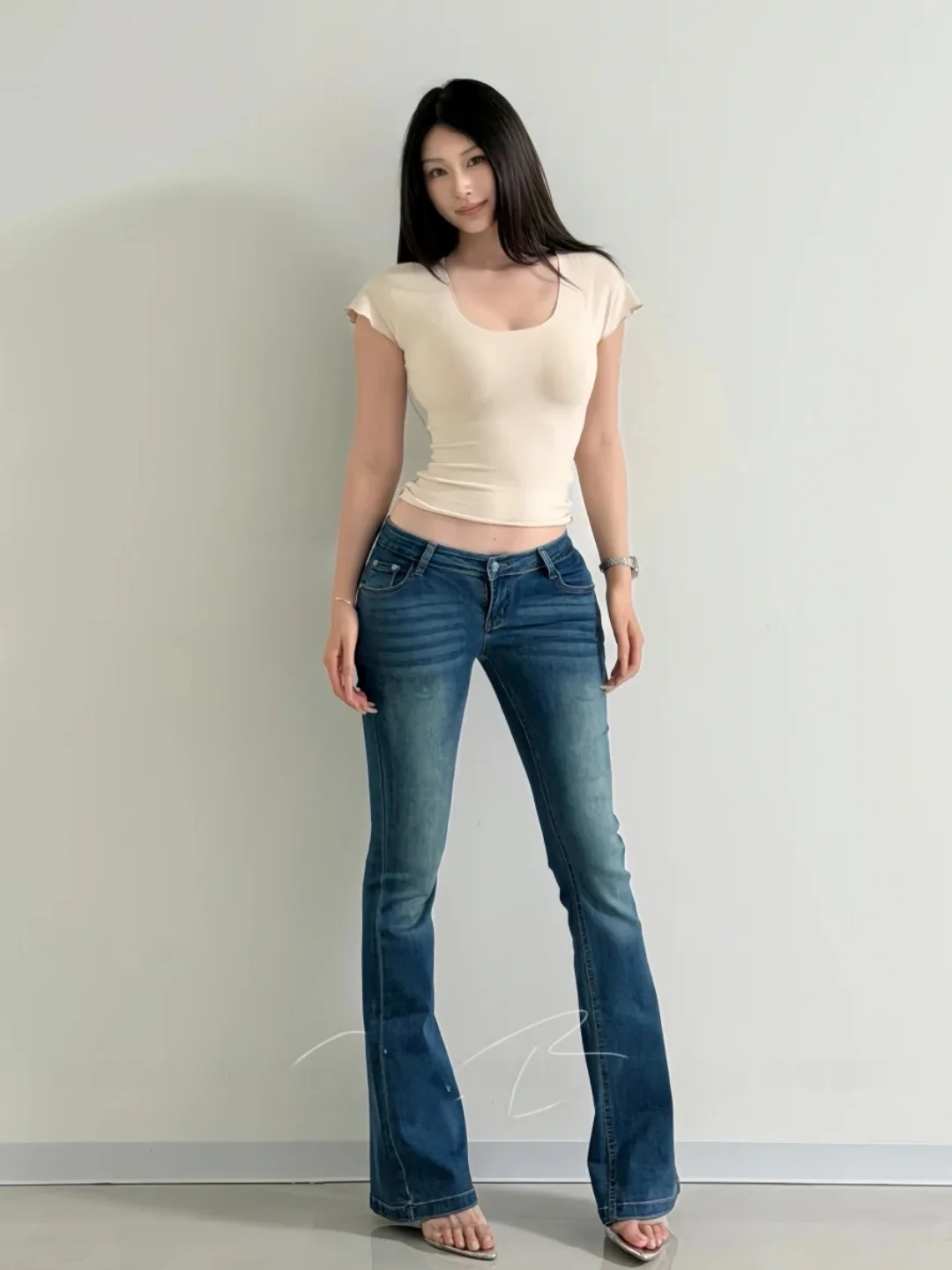 

Low Waist High Elastic Micro Flared Blue Jeans Slimming Long Pants Vertical Stripe Pattern Retro Style Girls Summer Fashion