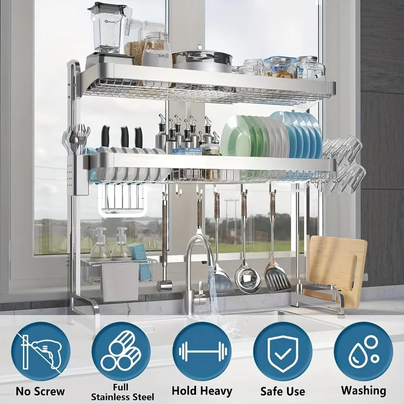 Dish rack, 3-tier adjustable tableware storage organizer, suitable for kitchen countertop.