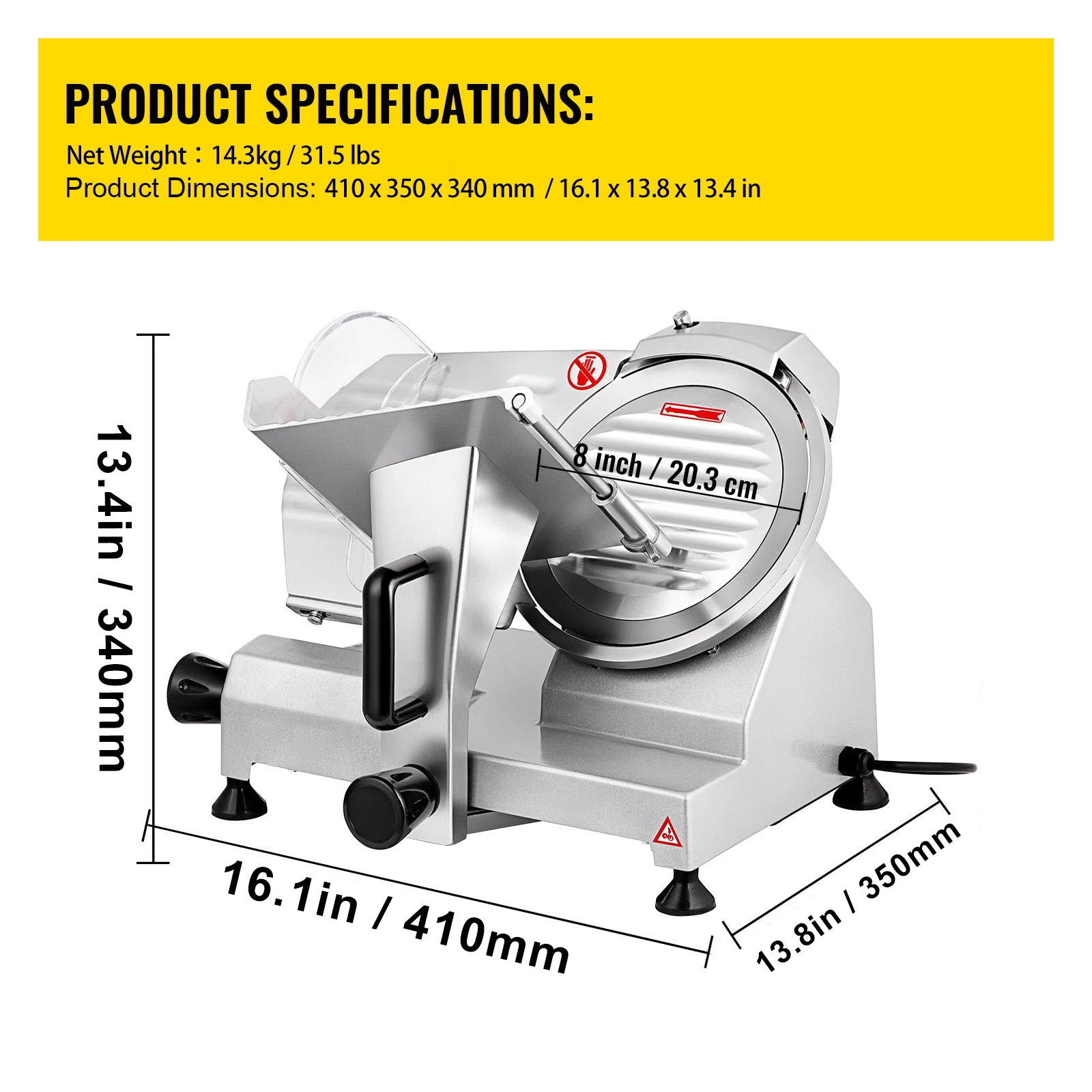 SucceBuy Vleessnijmachine 8/10 inch Koolstofstalen mes Elektrische Deli Voedselsnijder Verstelbare dikte Commerciële Home Cut Vlees Kaas
