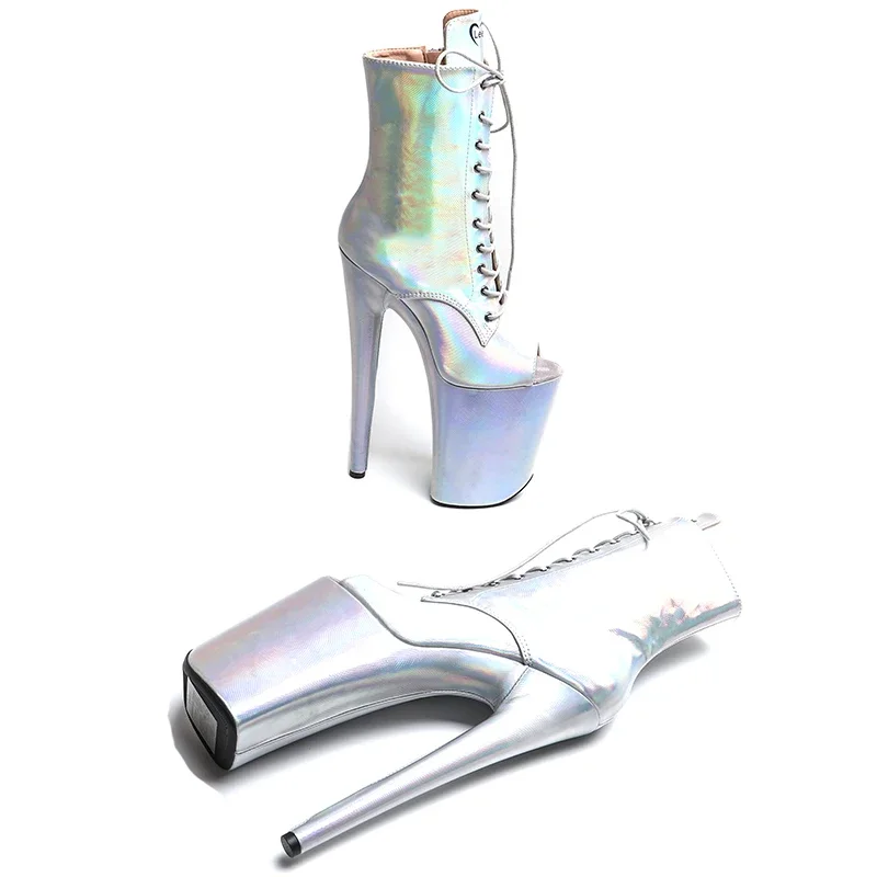 Leecabe  23CM/9inches  Shiny PU  Upper silver color  Fashion trend  open toe  High Heels stripper heel Pole Dance boot