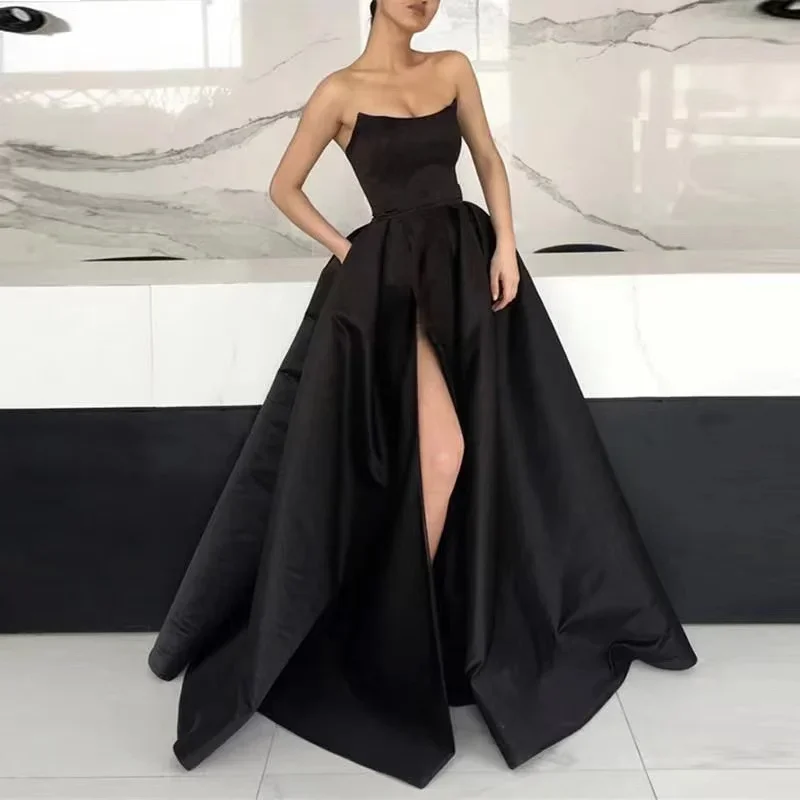 Vestidos de baile Borgonha com bolsos para mulheres, fenda lateral, cetim sem alças, vestidos de festa longos elegantes, vinho tinto, vestido formal