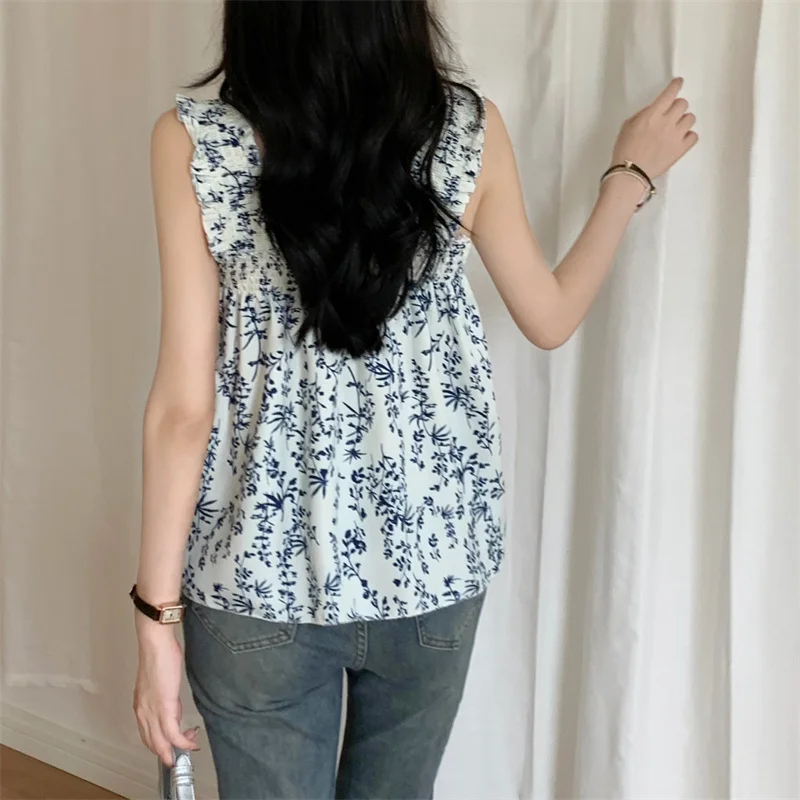 Korean Summer Floral Camisole Women Sleeveless Sling Square Neck Loose Doll Tank Tops