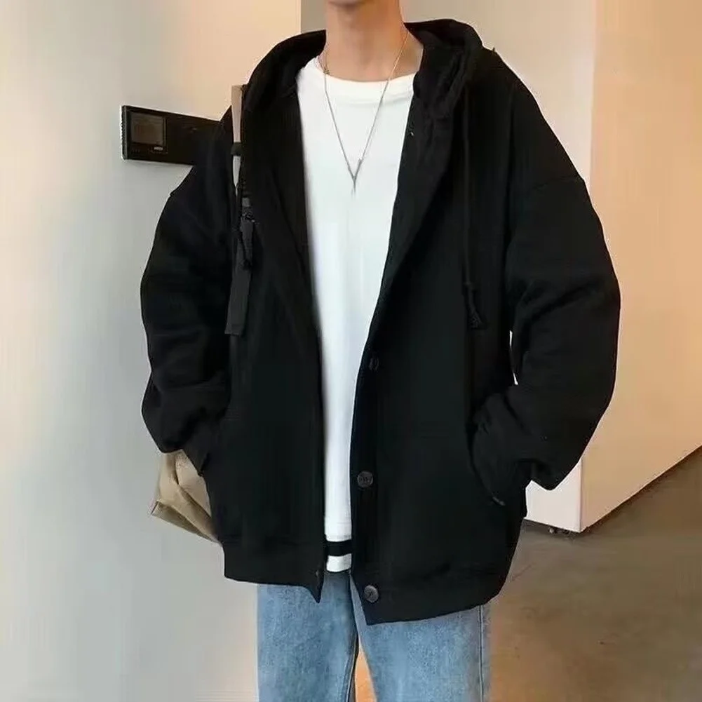 Men's Polyester Hooded Casual Jacket Solid Color Loose Fit Long Sleeve Sportswear Coat with Front Pockets M to 4XL