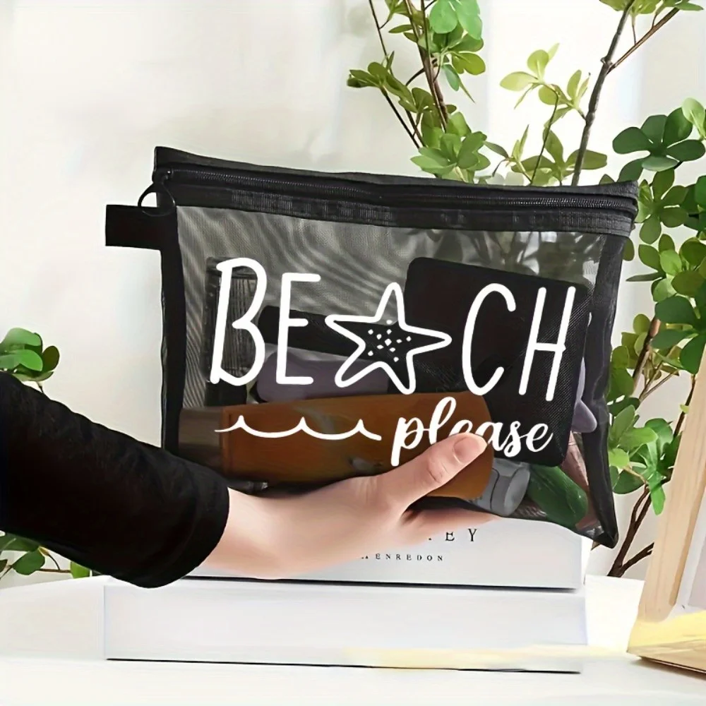 Black Beach Printed Mesh Makeup Case - Breathable Nylon Cosmetic Organizer with Tropical Seastar Design and BEACH Please