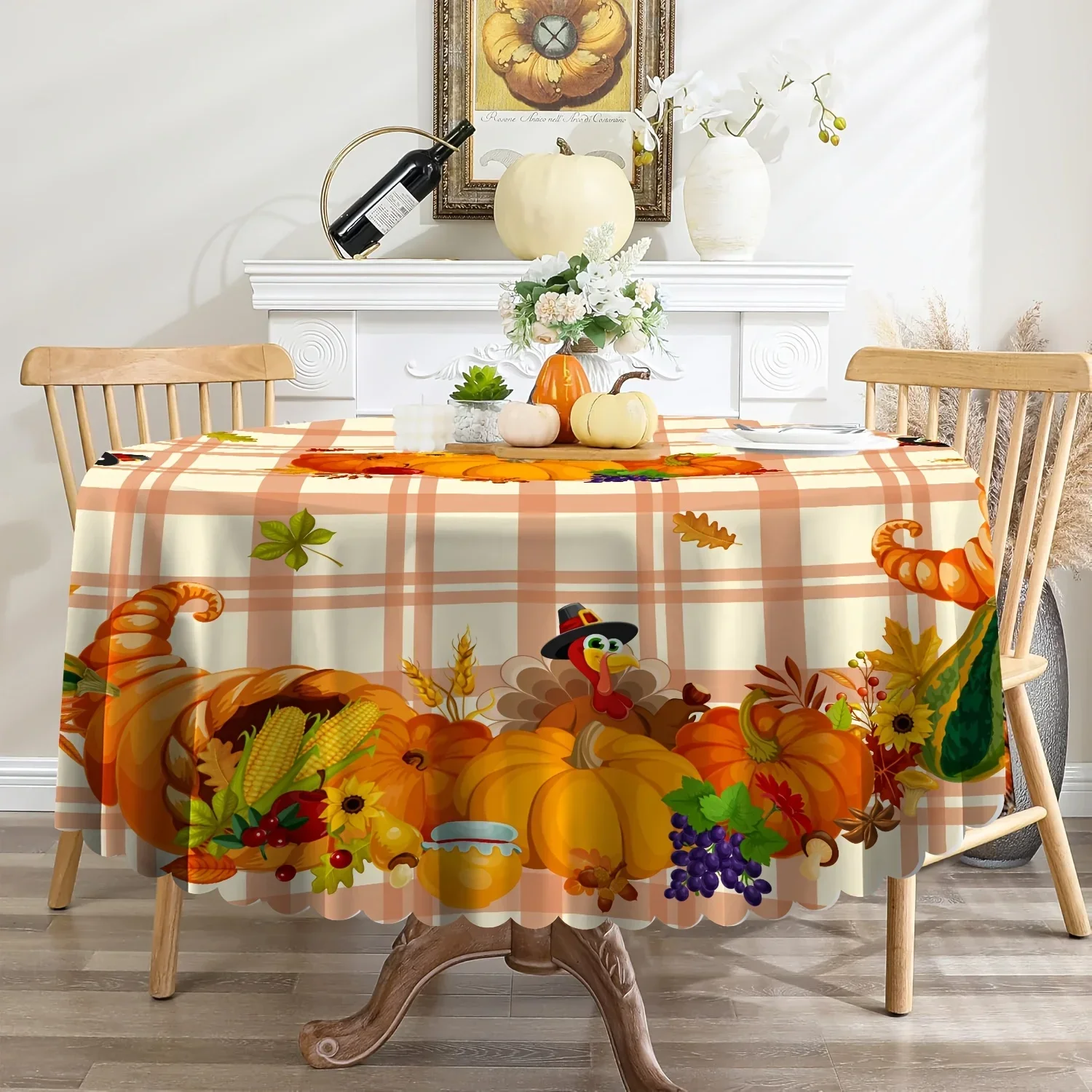 Thanksgiving turkey pumpkin tablecloth, with cartoon farmhouse style, autumn Thanksgiving harvest dinnerwarexzj