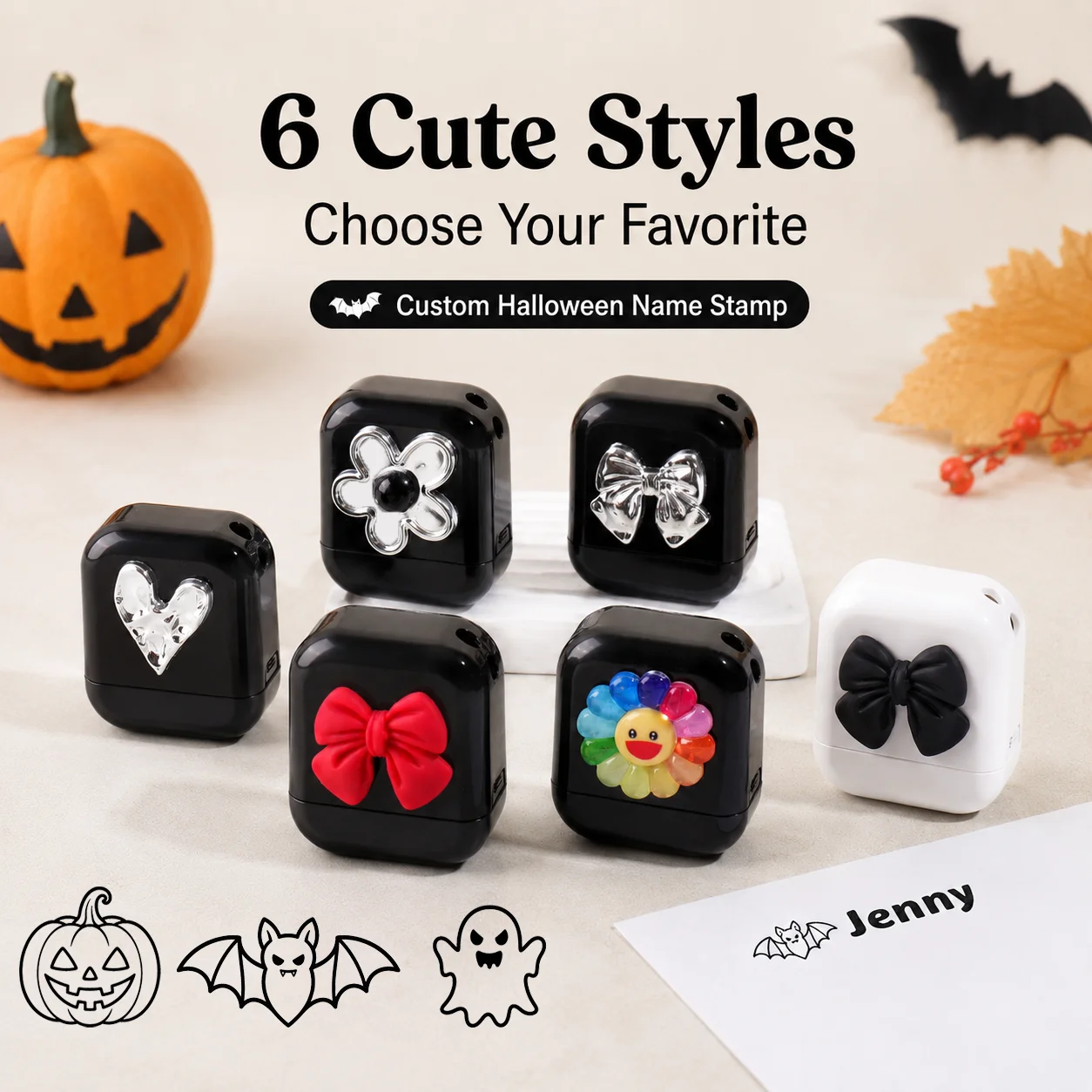 Personalized Halloween Name Stamp, Custom Text Stamp with Pumpkin Bat Ghost Designs, Cute DIY Gift for School Office Party