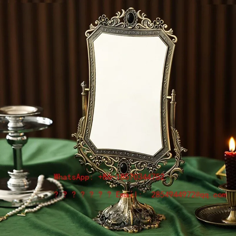 

European Retro Creative Desktop High-footed Double-sided Mirror Can Be Flipped Metal Comb Makeup Mirror Ornament