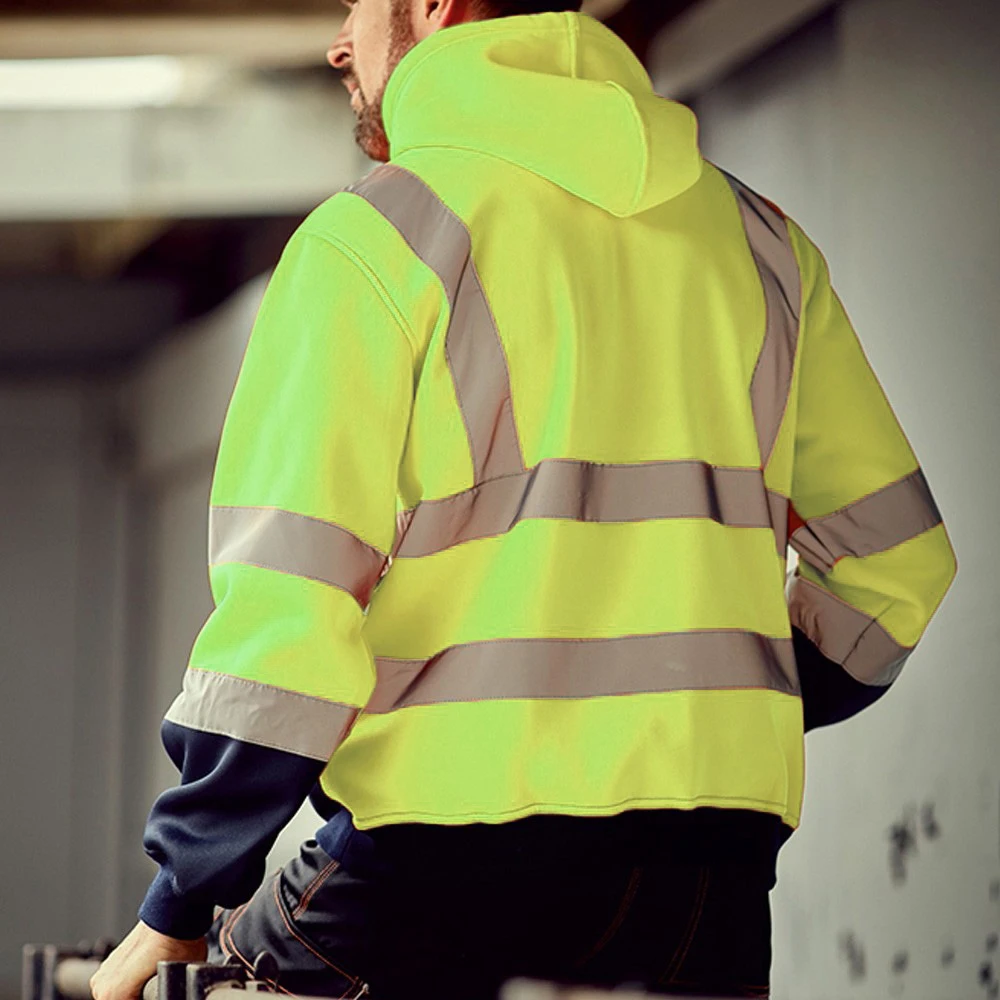 Reflective Men Hoodie Sweatshirt High Visibility Safety Work Jacket Loose Zipper Long Sleeve Hooded Pullover Winter Coat