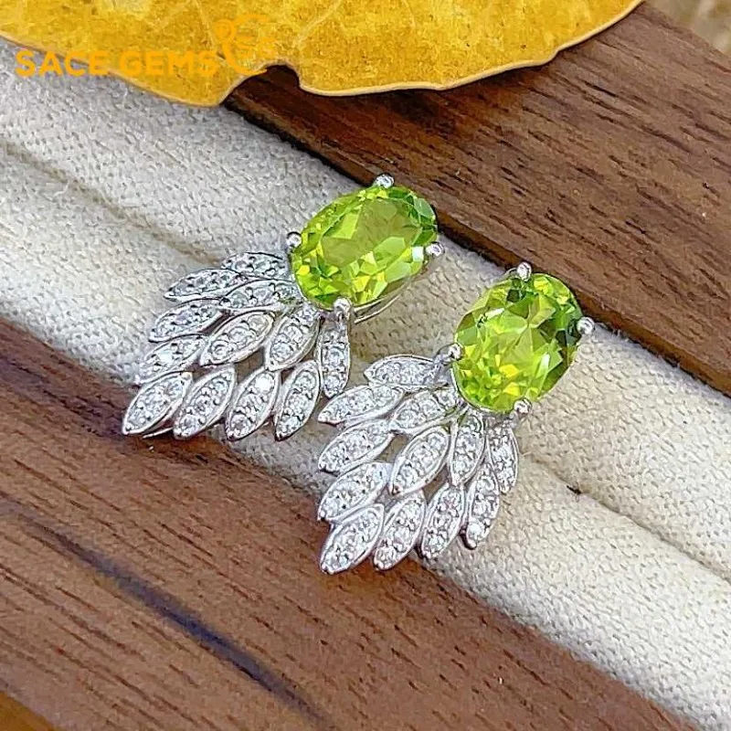 

SACE GEMS Fashion Jewelry Earrings for Women 925 Sterling Silver 5*7MM Natual Peridot Stud Earrings Wedding Party Fine Jewelry