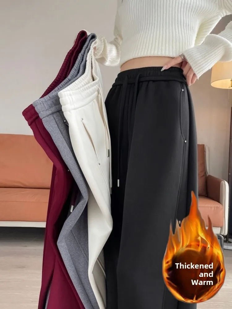 ラムベルベット レディース 冬 ストレートレッグ ワイドレッグパンツ 裏起毛 アウター コットンパンツ ブラック スリムフィット バナナパンツ