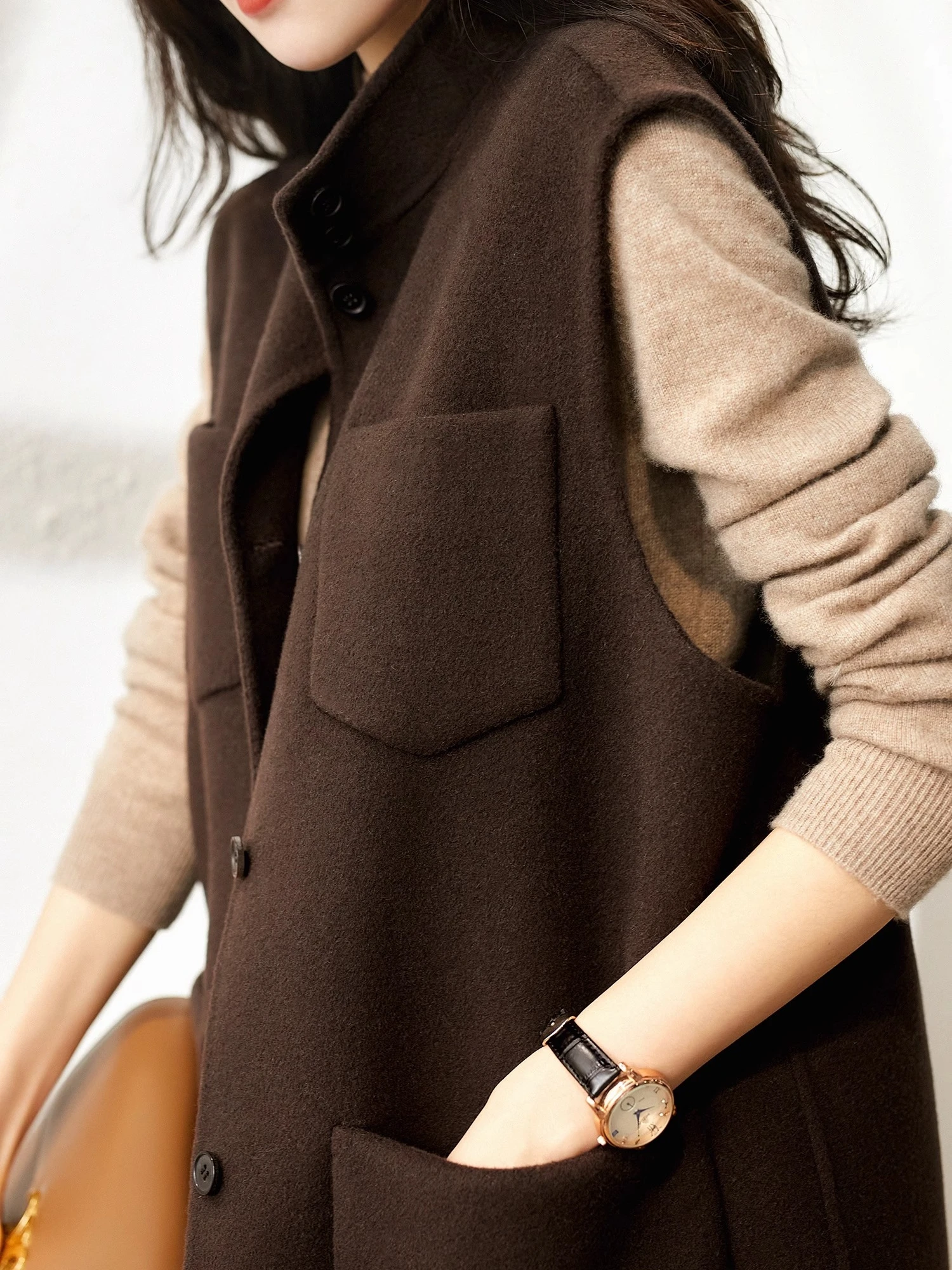 가을 겨울 여성용 캐시미어 울 조끼 수트 백리스 재킷 레트로 스타일 출퇴근 패션 레귤러 길이 싱글 버튼