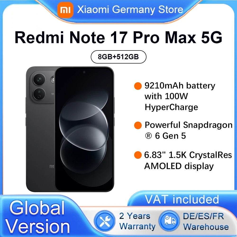 REDMI Note 17 Pro Max 5G - Cloud Blush - 8G RAM -512GB - 9210 mAh-batterij met 100 W HyperCharge - 6,83-inch 1.5K CrystalRes AMOLED display - Krachtige Snapdragon® 6 Gen 5